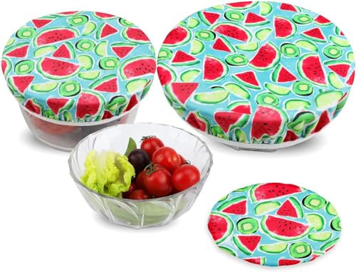 PHOGARY 3 Reusable Food Covers, Stretched Bowl Cover Lids, Fabric Elastic Lids, Fits Various Sizes Glass Container, Durable, Non-Stick Storage Covers for Keeping Food Fresh (Watermelon)