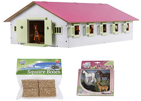 Kids Globe Farming Reiterhof rosa Bauernhof Pferdestall Holz 1:32 mit 9 Boxen, Spielzeug Pferdehof, mit praktischem Faltdach, für alle gängigen Tierfiguren
