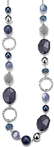 BULINLIN Long Beaded Silver Necklace for Her Crystal Bead Sweater Chain Fashion Jewelry Necklace Birthday Gifts for Women Mum(Navy blue)