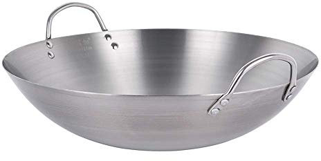 WRMIGN Padella da cucina Wok non rivestita, grande professionale con manico in acciaio, wok multiuso, 32, 60 cm, padella 38 cm