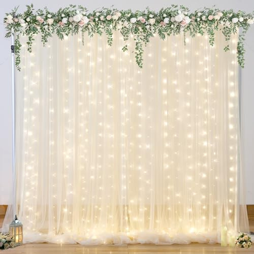 Champagner-Tüll-Hintergrundvorhang mit Lichterkette, für Pariten, Hochzeit, 3 x 2,4 m, Champagnerfarben, durchsichtig, für Brautparty, Babyparty, Geburtstag, Party, Weihnachten, Foto-Requisiten