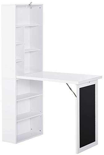 HOMCOM Schreibtisch Esstisch klappbar mit 6 Fächer Bücherregal mit 3 Regale Computertisch Bürotisch E1 Spanplatte Metallrahmen Weiß 98 x 51 x 153 cm