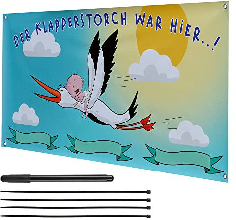 Makai Baby Banner Plakat zur Geburt Storch Geschenk 160 x 70 cm Plakat für Balkon Garten zum Aufhängen am Haus personalisierbar für Kind Geschenk mit Storch der Klapperstorch war hier Mama und Kind…