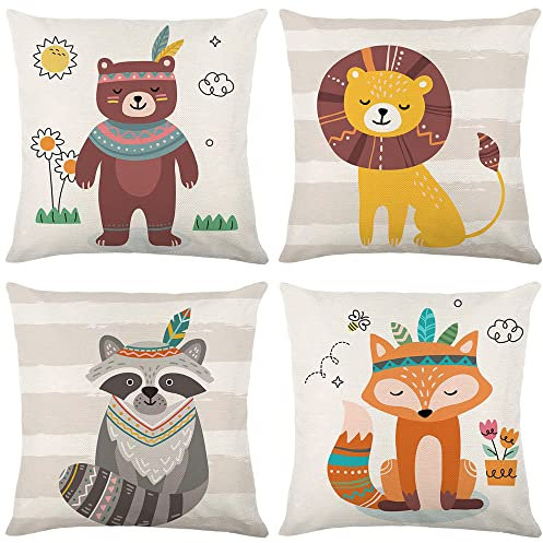 Kissenbezug 45x45 cm 4er Set Natur Leinen Kinderkissen Bezug Waldtiere Löwe Fuchs Bär deko Kissenbezüge Kissen Bunt Zierkissenbezüge für Wohnzimmer Kissenhülle Sofakissen Kinderzimmer Kindertag Deko
