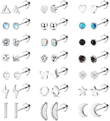 JeweBella 21 Paar Kleine Ohrringe Set Damen Herren Chirurgische Edelstahl Ohrstecker Knorpel Helix Ohrringe Hypoallergen Stern Mond Perle CZ Ohrpiercing Ohrringe Set für Mehrere Ohrlöcher für Mädchen