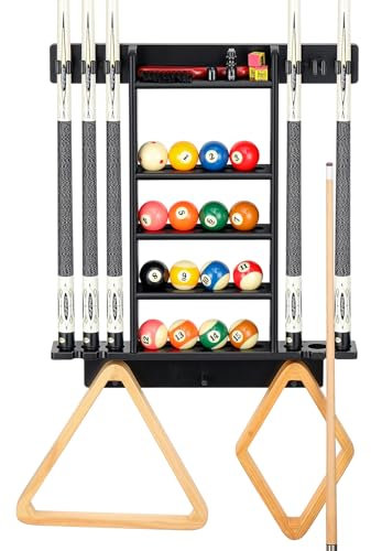 Billard-Queue-Regal, Billardstock-Halter, Wandhalterung, für 8 Queues und Billardtisch, Kreideausrüstung, Eiche, Billardqueue-Regal für Spielzimmer, Club oder Männerhöhle (schwarze Farbe)