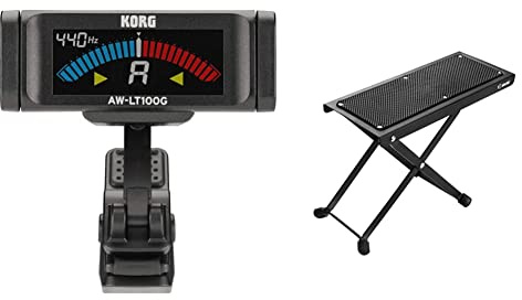 KORG Stimmgerät AWLT100-G Gitarre, E-Gitarre, Akustikgitarre, chromatische, Clip-Tuner mit Kalibrierfunktion, schwarz & Adam Hall Stands SGS017 Gitarrenfußbank, Schwarz