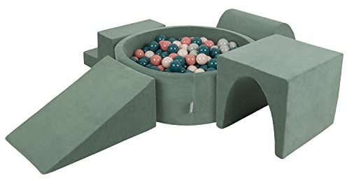 KiddyMoon Spielplatz Velvet Aus Schaumstoff Mit Rund Bällebad (200 Bälle) Ballgruben Für Babys Spielbad, Hergestellt In EU, Waldgrün: Dunkeltürkis/Pastellbeige/Grüngrau/Lachsfarben