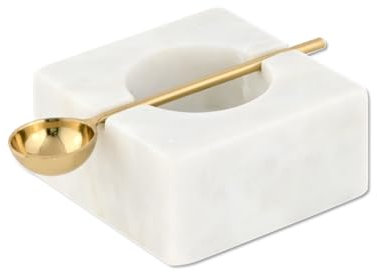 Cruiser’s Caché | White Marble Salt Cellar and Gold Spoon Set | Hand Crafted Natural Marble | For Keeping Gourmet Salts, Pepper, Spices, and Seasonings.