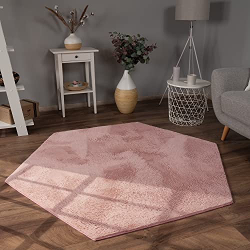 Paco Home Teppich Wohnzimmer Kunstfell weich waschbar modern elegant pflegeleicht Felloptik Uni Seidenglanz flauschig Kurzflor, Grösse:150x170 cm Sechseckig, Farbe:Pink