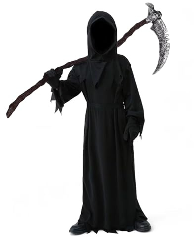 YIMOJOY Costume da mietitore per bambini con falce, costume nero di Halloween Costume da mietitore per ragazzi per festa di Halloween Carnevali Cosplay