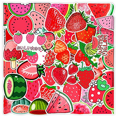 Wassermelone Erdbeeren Aufkleber Erdbeeren Sticker Set 50 Stücke Niedlich Deko für Auto Laptop Skateboard Fahrrad Moped Motorrad Fahrrad Computer,Geeignet für Erwachsene Kinder