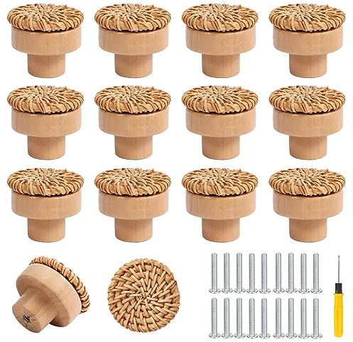 15 Stück Hlzgriffe für Schränke, Möbelgriffe Holz Rattan Möbelknöpfe Boho Tür Schrankknöpfe Griffe Möbel Runde Holzknöpfe für kommode, möbel, Schrank, Schublade