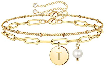 TINGN Gold Armband mit Buchstaben Armband Damen, Zierliche Buchstaben Armbänder Schichtung Armband Damen Buchstabe T Buchstaben Armbänder Geschichtet Büroklammer Gliederkette Armband Damen Schmuck
