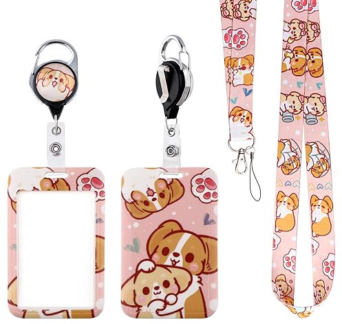 BKBKAAK Niedlicher Hunde-Ausweishalter mit Umhängeband und einziehbarem Namensschild, Spule, Clip, rosa Mädchen, ästhetische Schlüsselbänder für Ausweishalter, Frauen, Schlüsselband für Schlüssel,