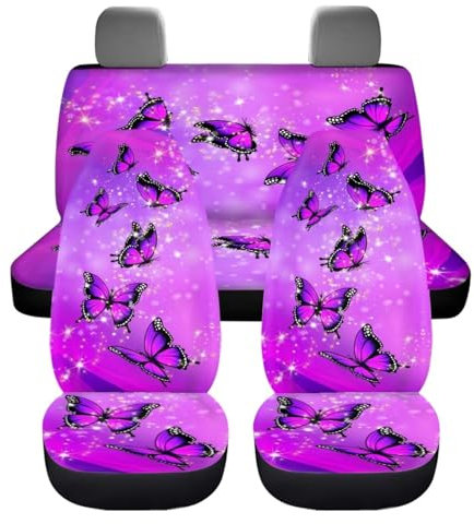 chaqlin Set di 4 coprisedili per auto anteriori e posteriori, motivo farfalla viola, accessori per interni auto, set di 4 pezzi, con stampa di farfalle e cristalli, protezione per sedile posteriore
