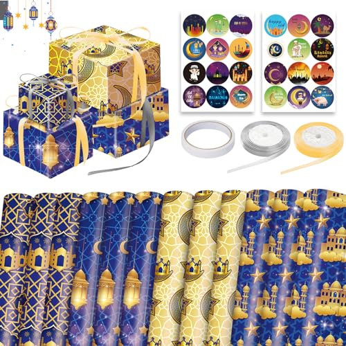 Shinybox Eid Mubarak Geschenkpapier, 12 Blatt Eid Mubarak Stern Mond Gemustertes Geschenkpapier mit Eid Aufkleber, Mubarak Dekorationen, Ramadan Geschenkpapier für Islamische Muslimische