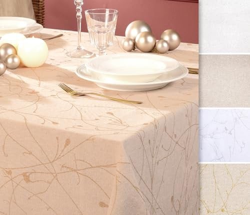 Baumwolle Tischdecke mit Fleckenschutz, glänzend, hochwertige Saumverarbeitung, Größe und Farbe wählbar (Eckig 130x220 cm, St.Tropez-beige/Gold)