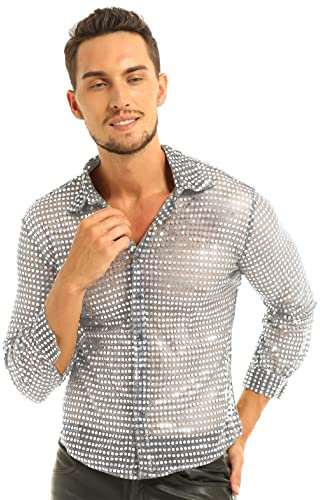 RUNQHUI Mens 70s Disco Party Rave Dance Shirt Long Sleeve Sheer Sequins Button Down T-Shirts Clubwear Silver L