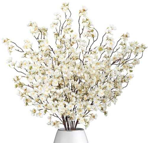 Dremisland 4 Pezzi Fiori Artificiali di Ciliegio Rami Bianco Fiori Finti 100cm Lungo Steli Seta del Faux floreale Piante Fasci Rami Decorazione per Casa Vaso Bouquet da Sposa Partito Tavola