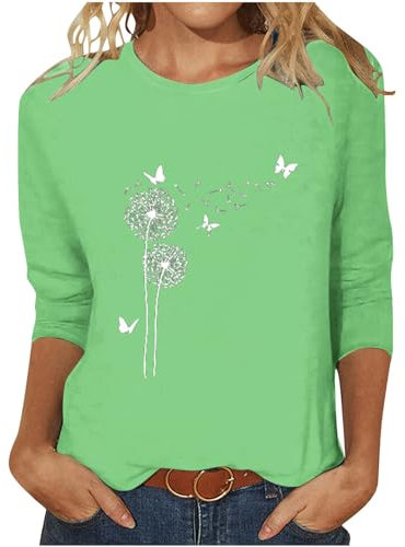 Elegant Bluse Damen Slim Fit T-Shirt 3/4 Ärmel Longshirt Sommer Casual Oberteile Baumwolle Leicht Tunika Tops Mode Rundhals Wickelbluse Löwenzahn Muster Sommershirts Frauen Sportshirt