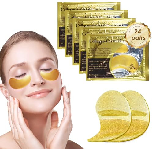 24 Paia Collagene Patch Occhi,Patch Occhiaie e Borse,Maschera per Gli Occhi,Anti Occhiaie,Riduce Occhiaie,Gonfiori,Borse Sotto gli Occhi e Rughe Patch Borse in Gel (24K Oro)