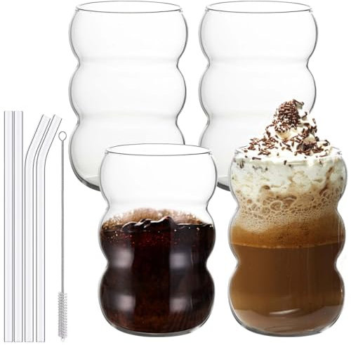 Juego de 4 vasos acanalados, vasos de cristal ondulado de 550 ml, vasos largos con pajitas de cristal, vasos de burbuja, copas para latte macchiato, café helado, cócteles, refrescos, whisky