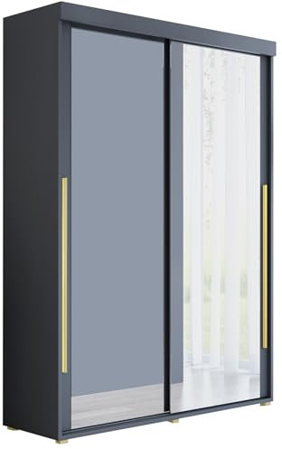 Meble Slupia Kleiderschrank Schiebetüren Slim 2-200 x 202 x 46 cm - Schrank Schlafzimmer, Vorraum, Garderobe - Tür mit Zwei Spiegeln, Kleiderstange - Holzwerkstoff, Goldener Griff, Anthrazit