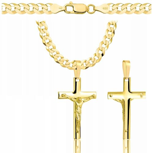 Amor Luxury goldkette herren mit kreuz 585, Kette Herren 925/585 - kreuz kette herren gold 585 massiv - 5 mm, Kreuz Kette 50 cm - Goldkette Kreuzkette - Halskette Herren Panzerung