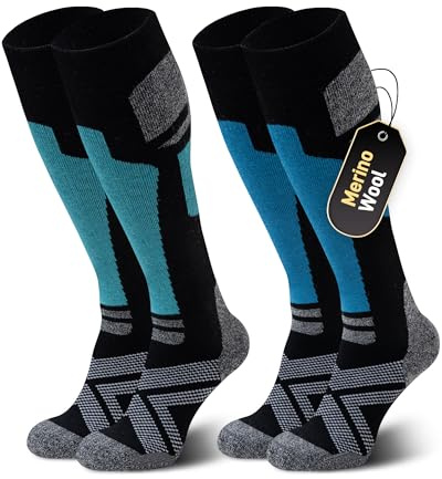 Niorasen Merino Wool Ski Socks Men Women, 2 Pairs Thermal Knee-High socks | Full Cushioned, Arch Support, Winter Thick Warm Socks; Ideal for Skiing and Snowboarding; Outdoor Sports, Hunting and Hiking
