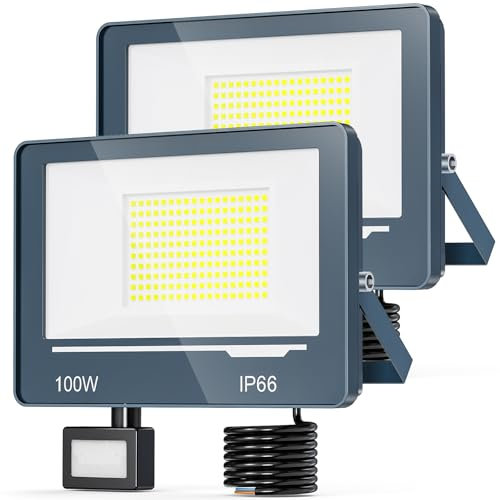 TOPAUBUB Spot LED Extérieur Detecteur de Mouvement 100W 10000LM - 6500K Blanc Froid Projecteur LED Exterieur Detecteur de Mouvement, IP66 Projecteur Extérieur avec Détecteur Jardin(2 Pièce)