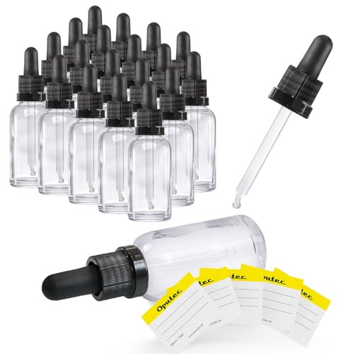 Oputec 20 x 30ml Pipettenflasche aus Klarglas mit Glaspipette + 20 Etiketten– Apothekerflasche für Aromatherapie, ätherische Öle, Kosmetik, Tropfflasche für pharmazeutische Anwendungen und Labor