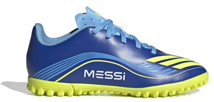 adidas Botas de fútbol unisex F50 Messi Club Turf para niños, azul/amarillo, 35.5 EU