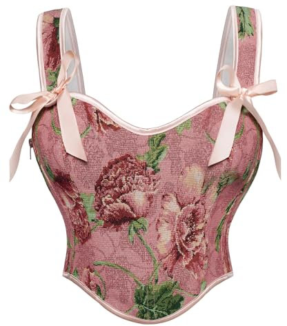 SCARLET DARKNESS Women's Crop Top Pirate Bustier for Dress Red Floral Corset Top Square V-Neck Retro Shapewear Corset Pink 16