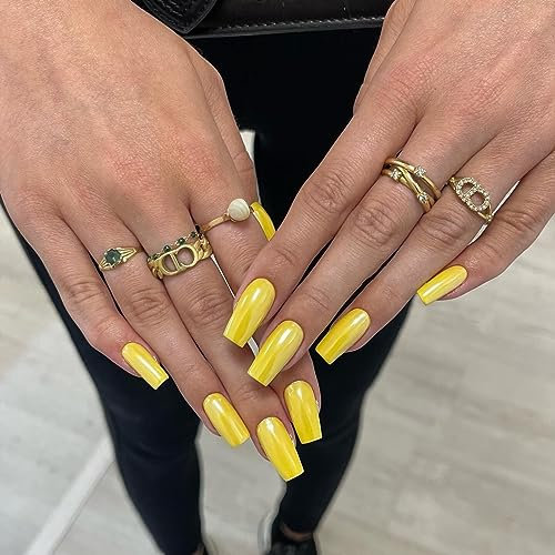 SXVME Bright Yellow Press on Nails Long Square, Light Yellow False Nails Medium Coffin, Glossy Gel Fake Nails Press on, Sheer Gel Stick on Nail for Women, 24 Pcs