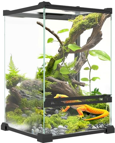 PawHut Terrarium en Verre pour Reptiles Vivarium 12 L boîte à Reptiles boîte d'élevage de Reptiles avec Couvercle en Treillis métallique, pour Grenouilles, Serpents, Tortues, 20 x 20 x 30 cm, Noir