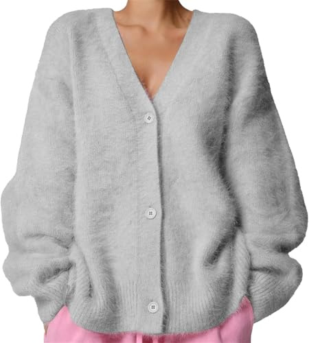 Lockenstab Luxuriöser Kaschmir-Cardigan Für Damen, Flauschiger Strickjacke, Plüsch, V-Ausschnitt, Offene Vorderseite, Knopf, Pullover-Jacken