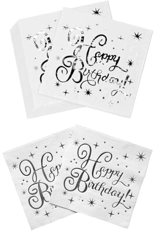 GVSS 40 Stück Papierservietten Happy Birthday, weiß, silber, 33 cm, Servietten, Geburtstag, für Mädchen und Jungen