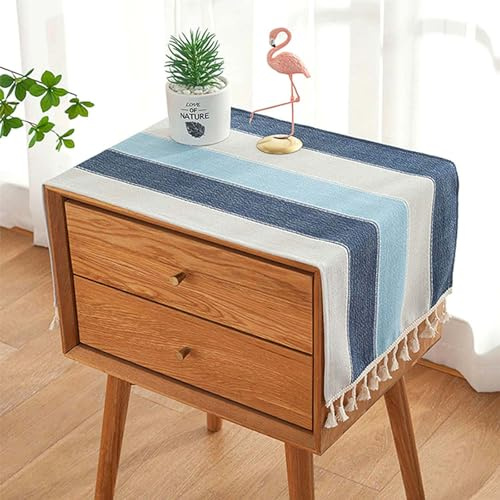Nightstand Cover, Rectangle Bedside Tablecloth With Pockets And Tassel, Cotton Linen Waterproof Lattice Small Tablecloth TV Cabinet Washer Dryer Fridge Top Dust Cover-Light Blue Stripe-16x36 Inch