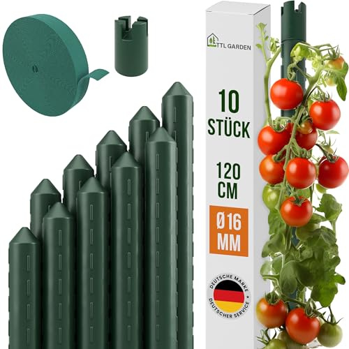 TTL GARDEN Rankstäbe 10er Set 120cm x 16mm Ø grün - extra stabil & rostfrei | 16 mm Rankhilfe Pflanzstäbe + Klettband - Stahl kunststoffbeschichtet Pflanzenstütze Blumenstütze Tomaten Paprika & Blumen