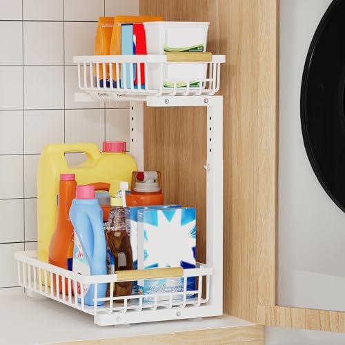 Unter Waschbecken Regal 2 Ebenen, ausziehbarer Spülenschrank Einsatz Weiß | Unterschrank Organizer,Höhenverstellbar 35.5~43cm,für Waschbecken in Küche/Bad,Metall,Spülschrank Organizer