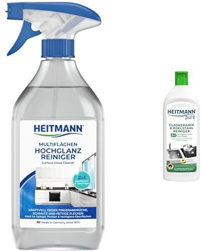HEITMANN pure Hochglanzreiniger + Glaskeramik- & Edelstahlreiniger | Streifenfreier Glanz auf allen Oberflächen | Schonende Reinigung auch bei hartnäckigem Schmutz | 500 ml + 250 ml