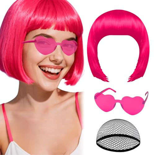 OuryTech Perücke Fasching, Rot Bob Perücke mit Bangs, Kurze Wigs für Damen, Hitzeresistente Lustige Cosplay Wig mit Sonnenbrille & Perückenmütze für Karneval