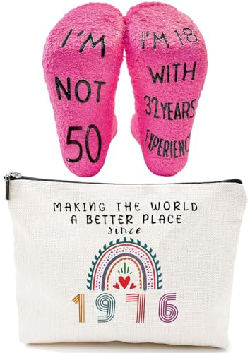 BAHME 2 Pcs Beauty Case Perfect for 50th Birthday, Ideal Gift, Birthday Gifts for Women, Including Makeup Bag and Birthday Socks Ideal for Women (1976-50 Years)