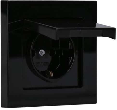 JUNG Serie A IP44 Klappdeckelset Schwarz 1-fach | mit A1520KLSW SCHUKO Steckdose mit Klappdeckel, 551WU Dichtungsflansch, A5581BFSW Rahmen