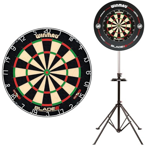 WINMAU Blade 6 Professionelle Bristle Dartscheibe + Xtreme 2.0 Tragbarer Dartscheiben-Ständer Bundle – Offizielle PDC Turnier-Spezifikation, Verstellbarer Stativ-Halter, Keine Wandmontage erforderlich