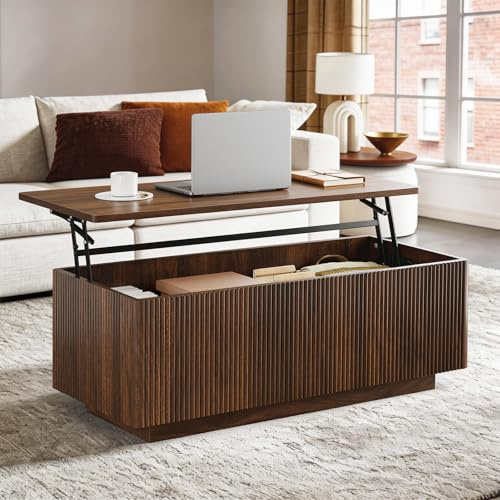 Mossora Walnut Lift Top Fluted Coffee Table with Hidden Storage, 105 * 48cm | Large Rectangular Lift Up Coffee Tables, Hidden Storage Compartment, Fluted Panel Rounded Corners, Mid Century Modern