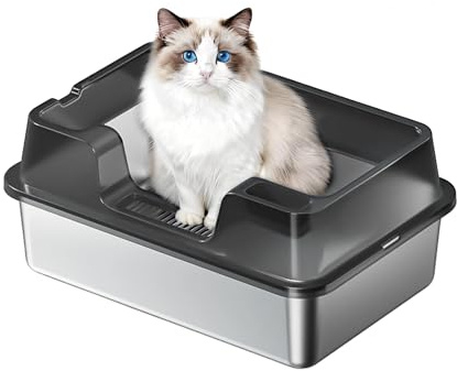 Aptliton Stainless Steel Cat Litter Tray with Leak-Proof Edge, 60×40×22cm Large Metal Litter Box with Litter Catching Grid, High Sided Anti-Splashing Cat Toilet for Multi Cats Indoor Use, Black