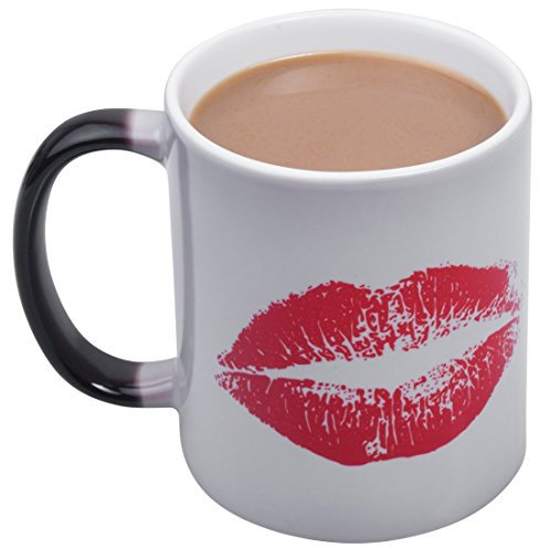 Kaffeetasse Keramiktasse verfärbung Becher Teetasse mit Kussmund Geschenk - für Kaffee, Tee, Kakao, Milch, Wasser, etc (Kussmund)