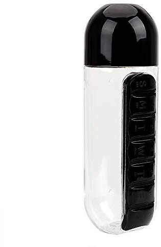 iTimo 600 ML Wasserflasche, Kunststoff Obst Zitronensaft Trinkflasche mit Täglichen Pill Box Organizer, Sport Radfahren Camping Flaschen (Schwarz)